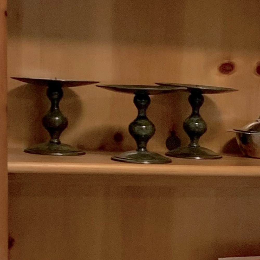 Three metal faux-antique verdigris finish candle holders